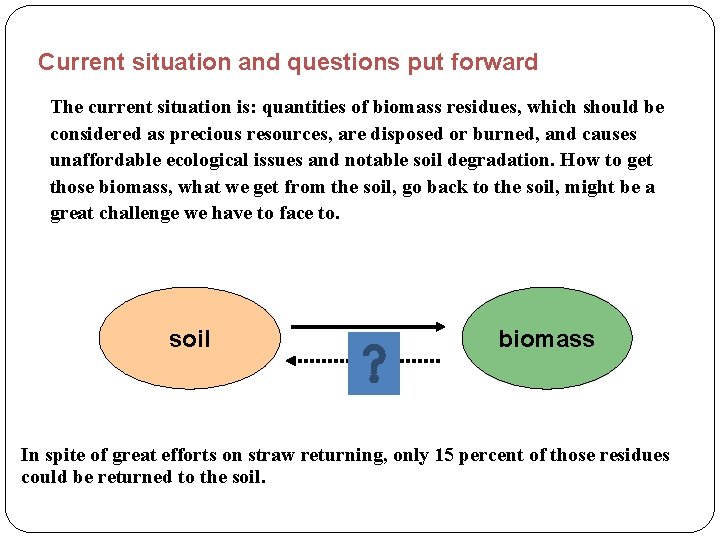 Current situation and questions put forward The current situation is: quantities of biomass residues,