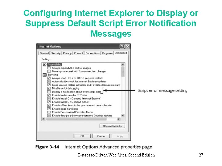 Configuring Internet Explorer to Display or Suppress Default Script Error Notification Messages Database-Driven Web Configuring Internet Explorer to Display or Suppress Default Script Error Notification Messages Database-Driven Web