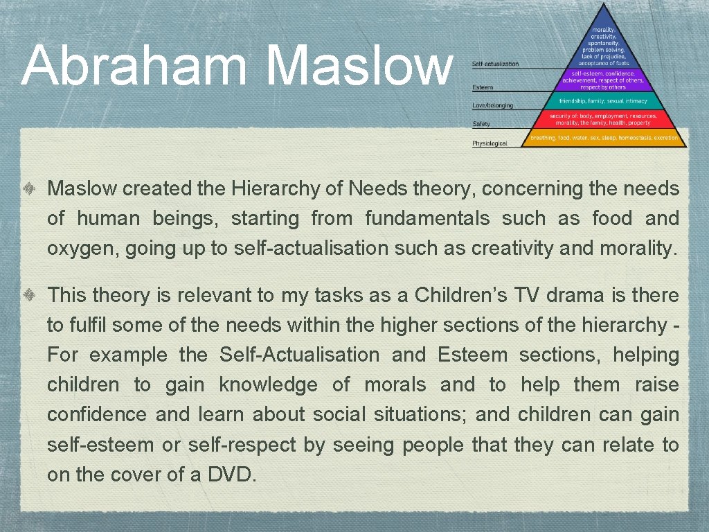 Abraham Maslow created the Hierarchy of Needs theory, concerning the needs of human beings,