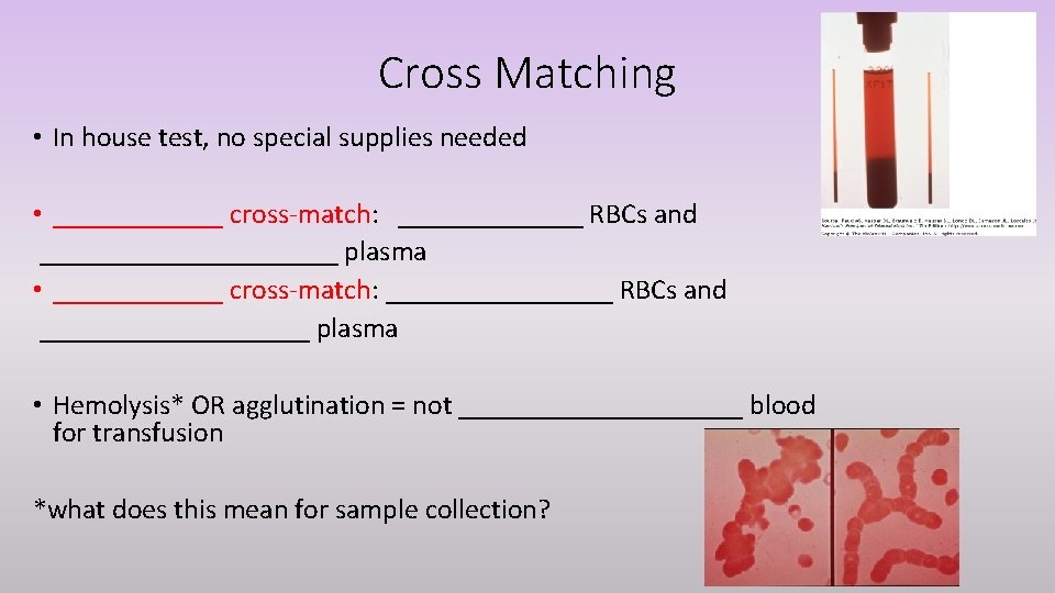 Cross Matching • In house test, no special supplies needed • ______ cross-match: _______