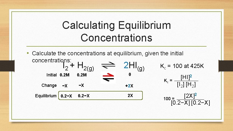 Calculating Equilibrium Concentrations • Calculate the concentrations at equilibrium, given the initial concentrations: I