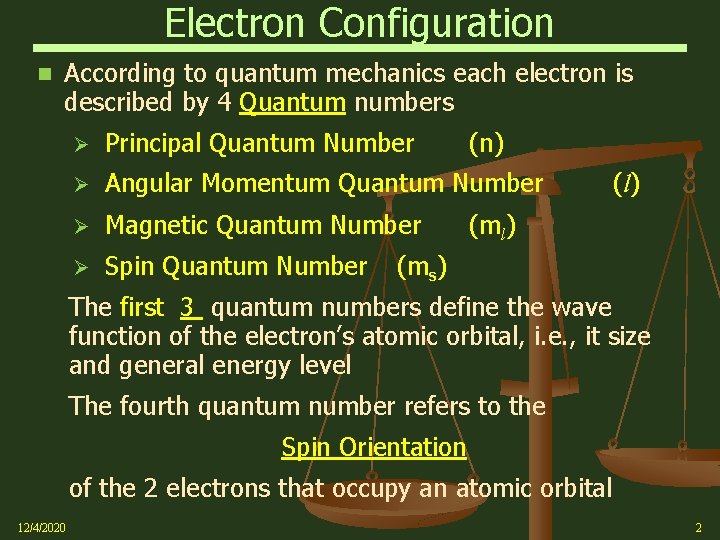 Electron Configuration According to quantum mechanics each electron is described by 4 Quantum numbers