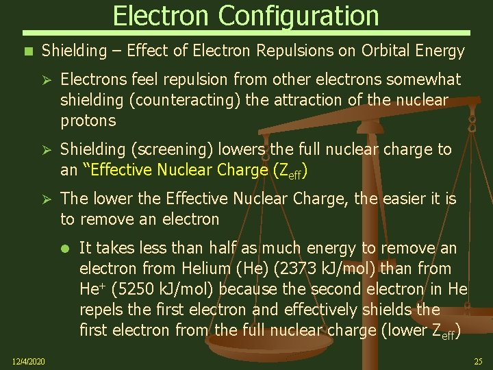 Electron Configuration Shielding – Effect of Electron Repulsions on Orbital Energy Ø Electrons feel