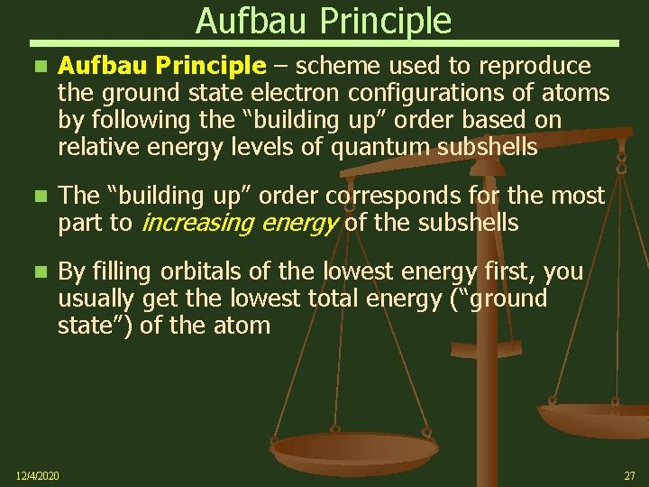 Aufbau Principle – scheme used to reproduce the ground state electron configurations of atoms