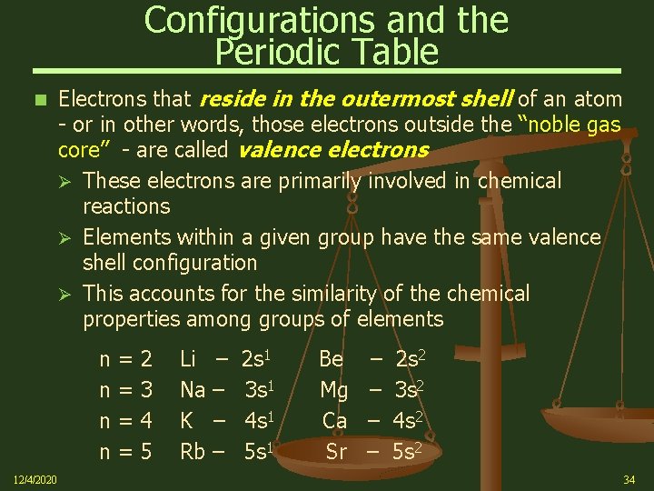 Configurations and the Periodic Table Electrons that reside in the outermost shell of an