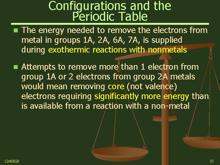 Configurations and the Periodic Table The energy needed to remove the electrons from metal