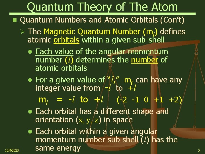 Quantum Theory of The Atom Quantum Numbers and Atomic Orbitals (Con’t) Ø The Magnetic