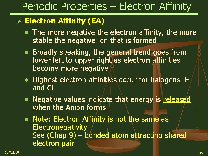 Periodic Properties – Electron Affinity Ø 12/4/2020 Electron Affinity (EA) l The more negative