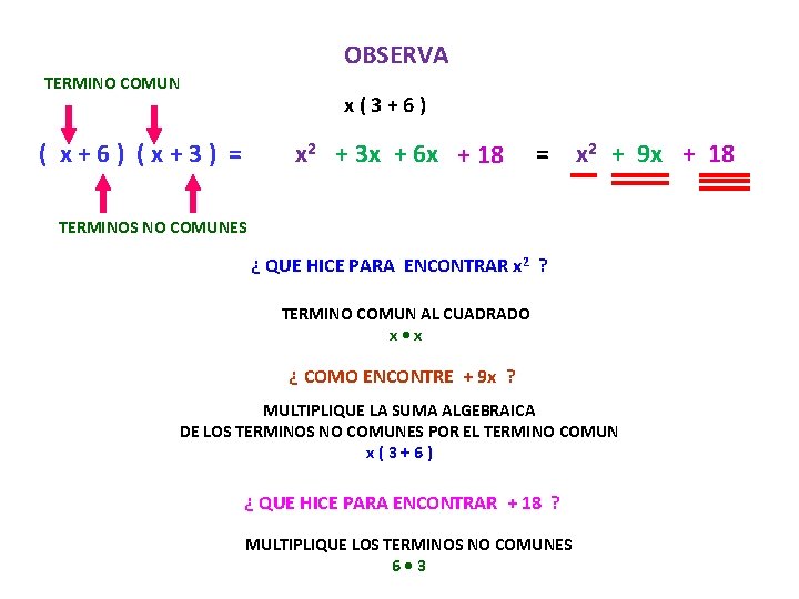 OBSERVA TERMINO COMUN x(3+6) ( x+6) (x+3) = x 2 + 3 x +