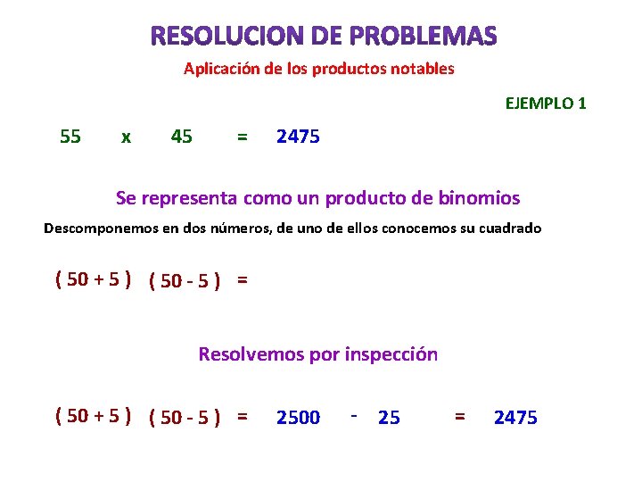 Aplicación de los productos notables EJEMPLO 1 55 x 45 = 2475 Se representa