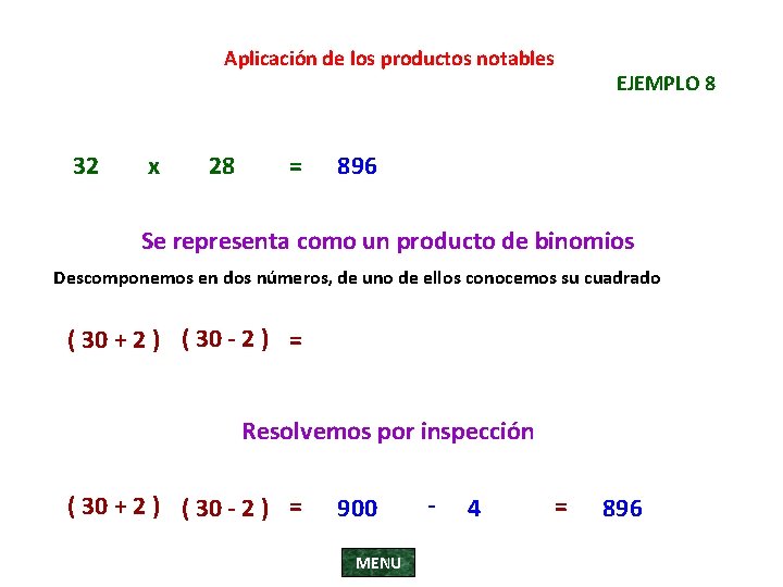 Aplicación de los productos notables 32 x 28 = EJEMPLO 8 896 Se representa