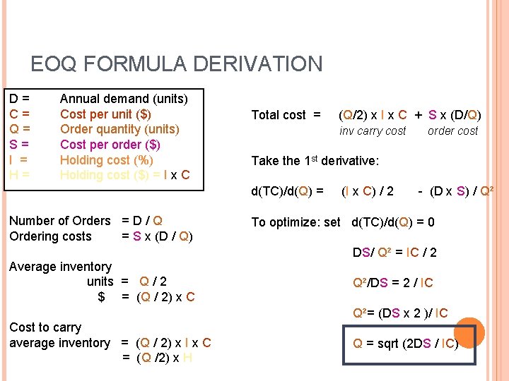 EOQ FORMULA DERIVATION D = C = Q = S = I = H