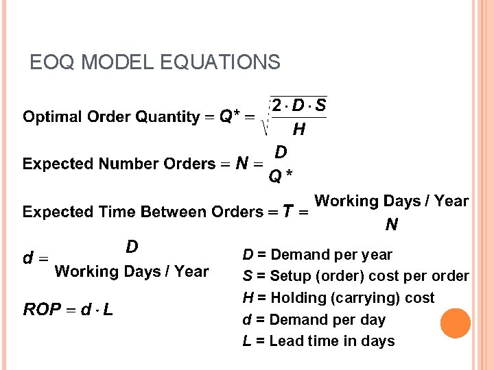 EOQ MODEL EQUATIONS D = Demand per year S = Setup (order) cost per