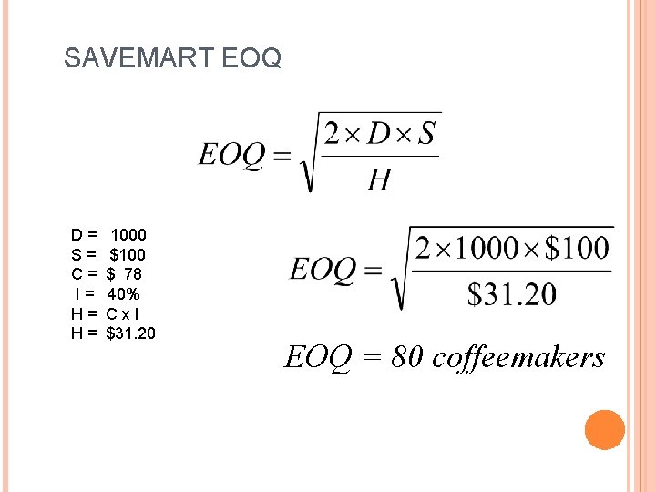  SAVEMART EOQ D = 1000 S = $100 C = $ 78 I