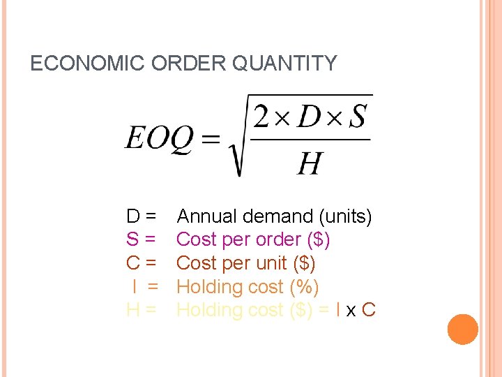 ECONOMIC ORDER QUANTITY D = S = C = I = H = Annual