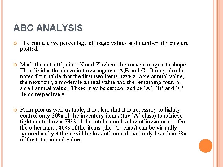 ABC ANALYSIS The cumulative percentage of usage values and number of items are plotted.