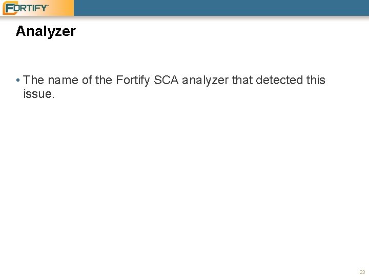 Analyzer • The name of the Fortify SCA analyzer that detected this issue. 23