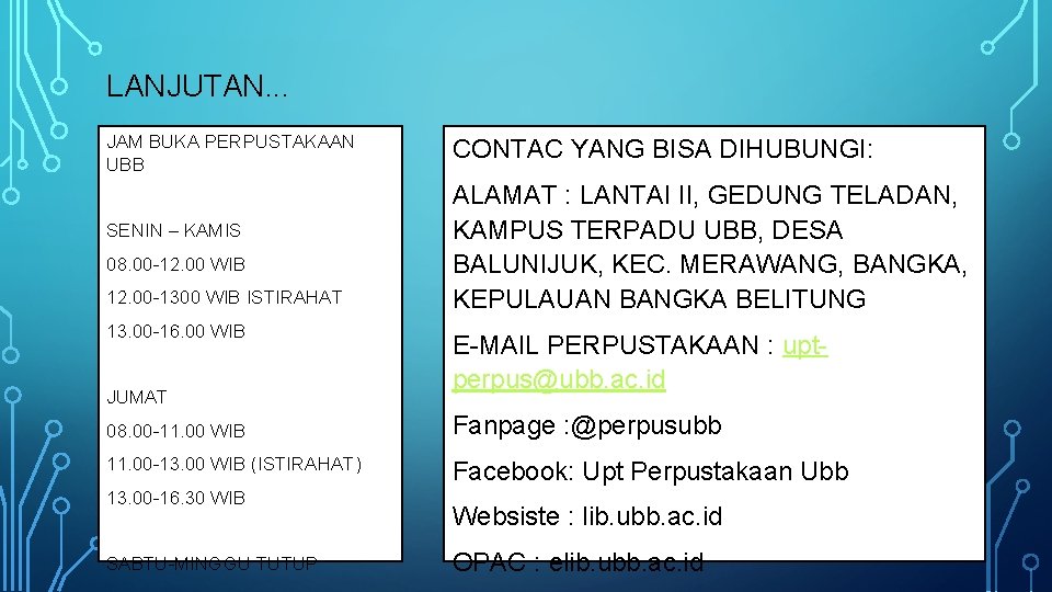 LANJUTAN. . . JAM BUKA PERPUSTAKAAN UBB SENIN – KAMIS 08. 00 -12. 00