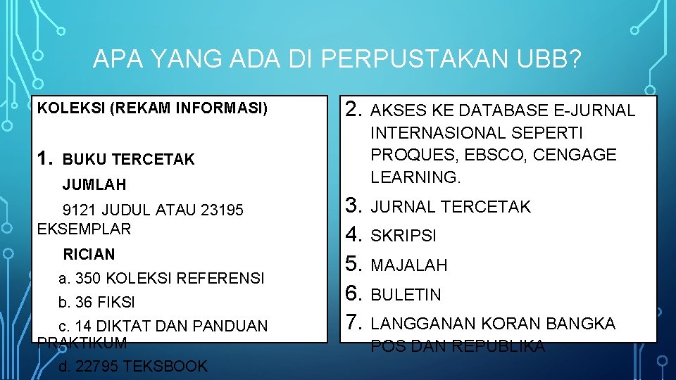 APA YANG ADA DI PERPUSTAKAN UBB? KOLEKSI (REKAM INFORMASI) 1. 2. AKSES KE DATABASE