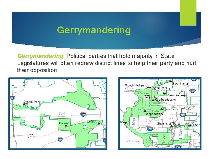 Gerrymandering: Gerrymandering Political parties that hold majority in State Legislatures will often redraw district