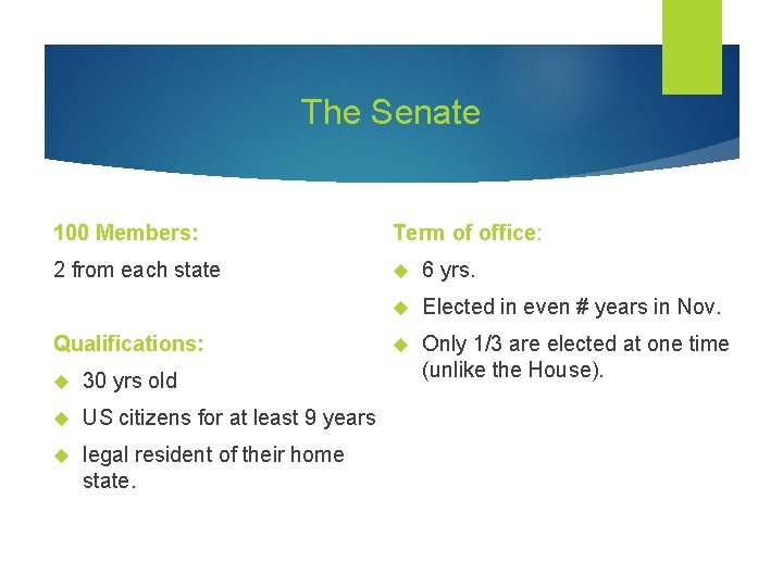 The Senate 100 Members: Term of office: 2 from each state 6 yrs. Elected