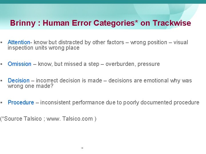Brinny : Human Error Categories* on Trackwise § Attention know but distracted by other