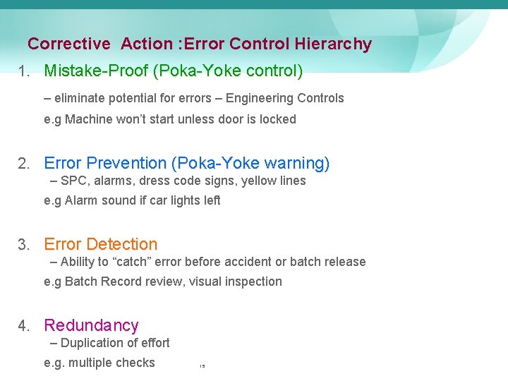 Corrective Action : Error Control Hierarchy 1. Mistake-Proof (Poka-Yoke control) – eliminate potential for