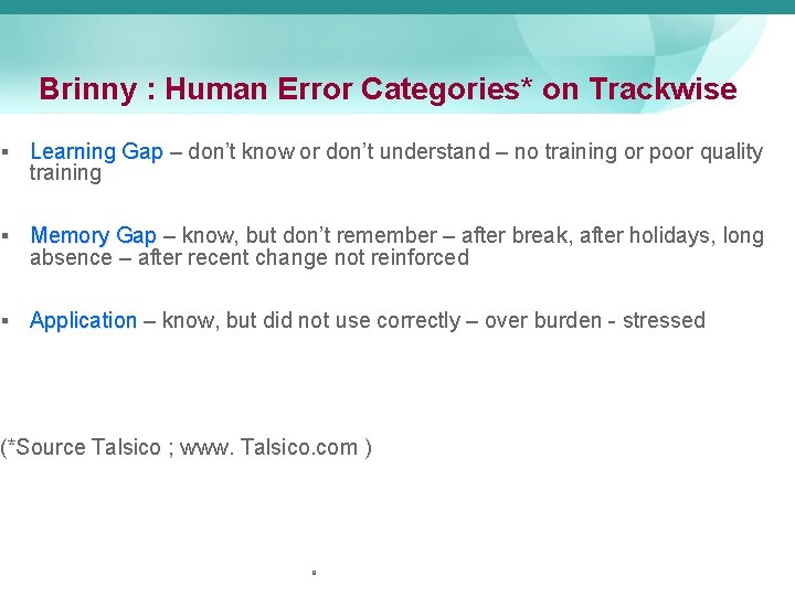 Brinny : Human Error Categories* on Trackwise § Learning Gap – don’t know or