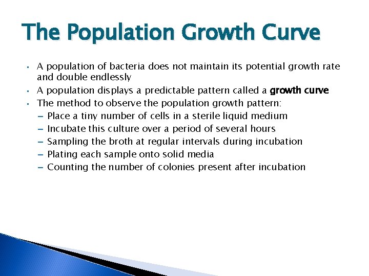 The Population Growth Curve • • • A population of bacteria does not maintain