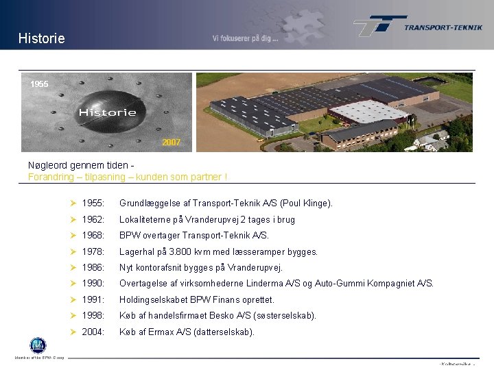 Historie 1955 2007 Nøgleord gennem tiden Forandring – tilpasning – kunden som partner !