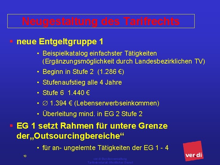 Neugestaltung des Tarifrechts § neue Entgeltgruppe 1 • Beispielkatalog einfachster Tätigkeiten (Ergänzungsmöglichkeit durch Landesbezirklichen