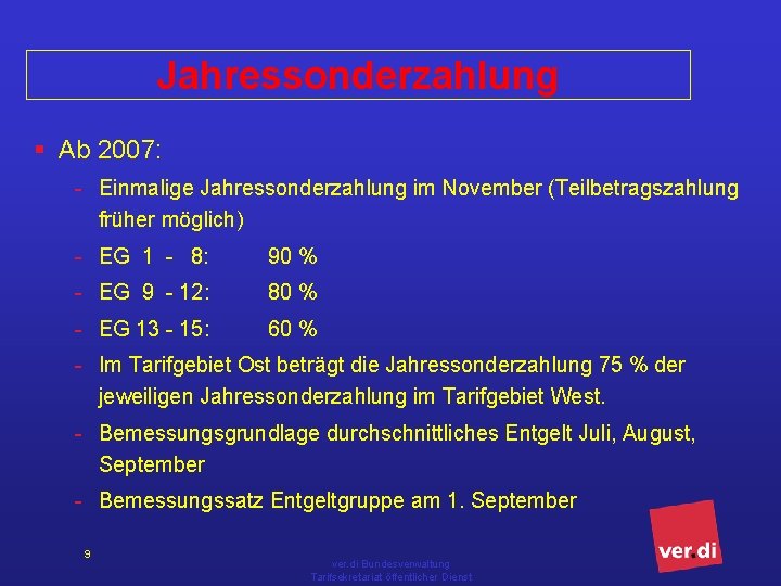 Jahressonderzahlung § Ab 2007: - Einmalige Jahressonderzahlung im November (Teilbetragszahlung früher möglich) - EG