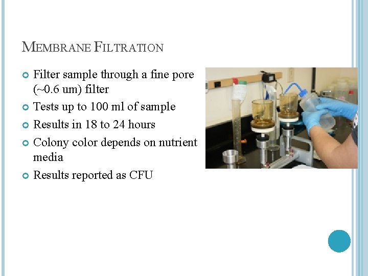 MEMBRANE FILTRATION Filter sample through a fine pore (~0. 6 um) filter Tests up