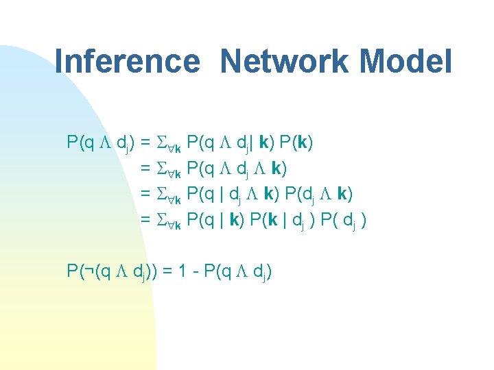 Inference Network Model P(q dj) = k P(q dj| k) P(k) = k P(q