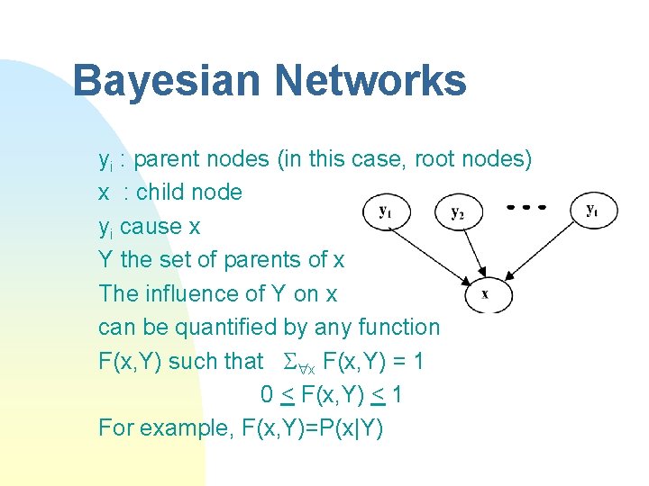Bayesian Networks yi : parent nodes (in this case, root nodes) x : child