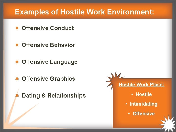 Examples of Hostile Work Environment: Offensive Conduct Offensive Behavior Offensive Language Offensive Graphics Dating