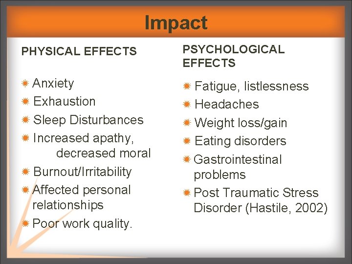 Impact PHYSICAL EFFECTS Anxiety Exhaustion Sleep Disturbances Increased apathy, decreased moral Burnout/Irritability Affected personal