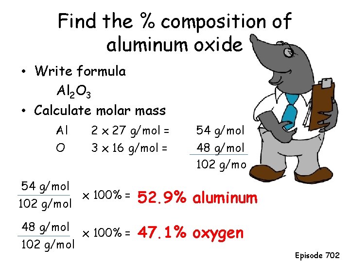 Find the % composition of aluminum oxide • Write formula Al 2 O 3