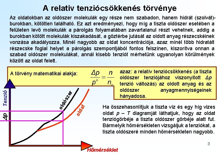 A relatív tenziócsökkenés törvénye Az oldatokban az oldószer molekulák egy része nem szabadon, hanem