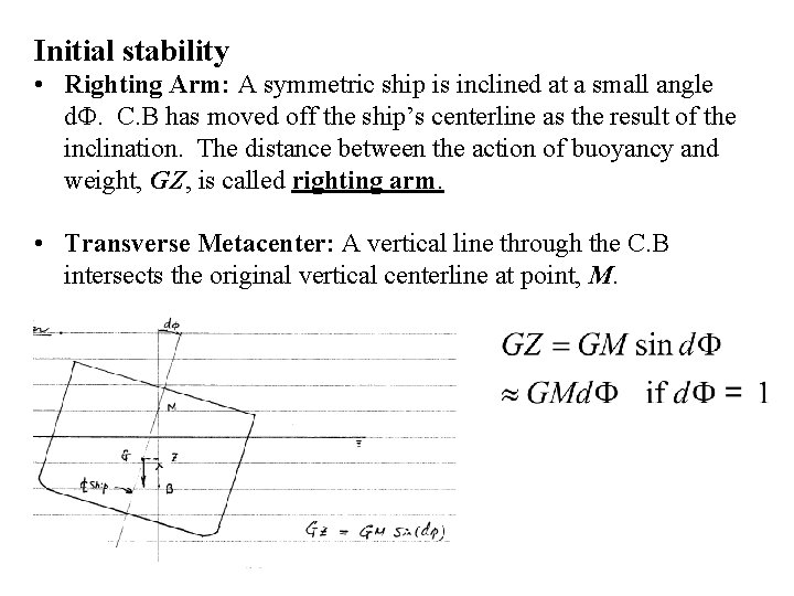 Initial stability • Righting Arm: A symmetric ship is inclined at a small angle