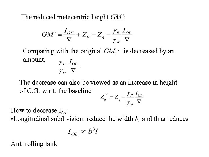 The reduced metacentric height GM’: Comparing with the original GM, it is decreased by