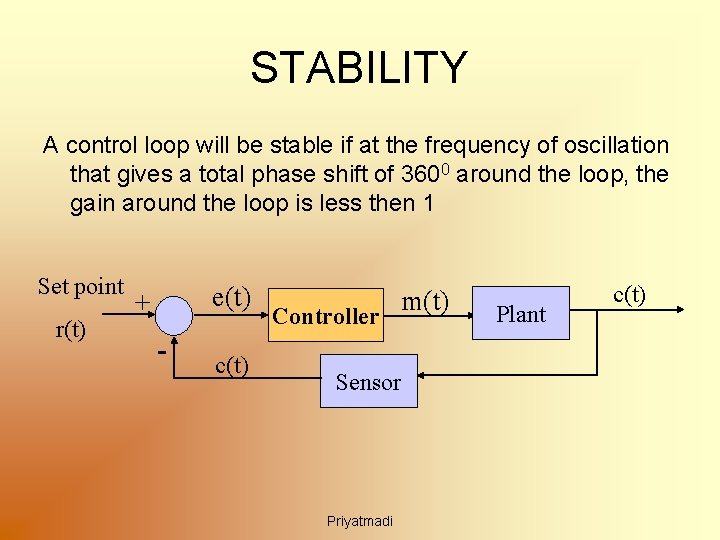 STABILITY A control loop will be stable if at the frequency of oscillation that