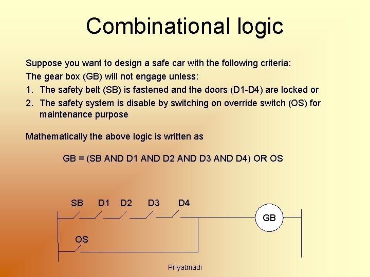 Combinational logic Suppose you want to design a safe car with the following criteria: