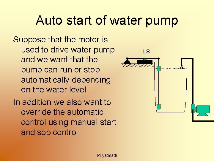 Auto start of water pump Suppose that the motor is used to drive water