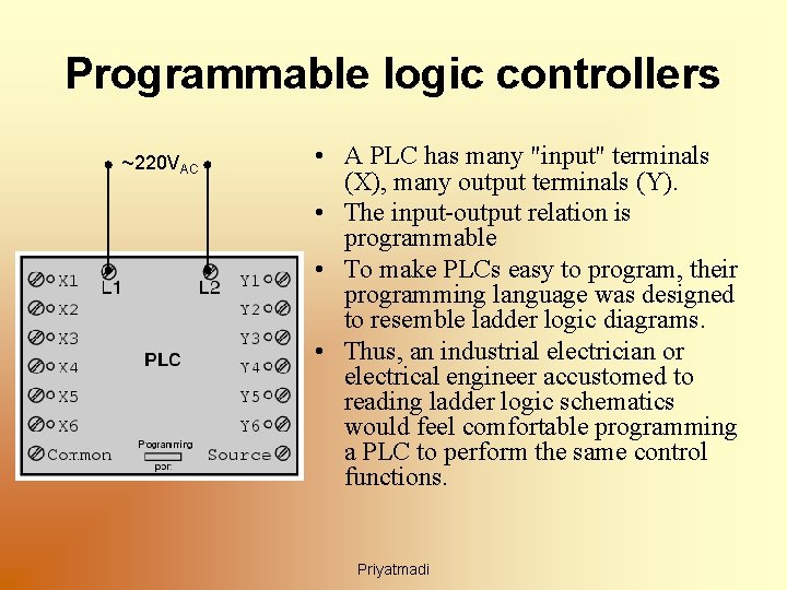 Programmable logic controllers ~220 VAC • A PLC has many "input" terminals (X), many