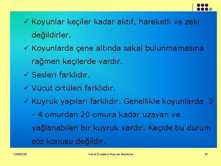 ü Koyunlar keçiler kadar aktif, hareketli ve zeki değildirler. ü Koyunlarda çene altında sakal