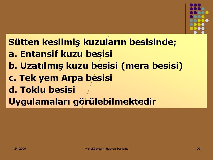 Sütten kesilmiş kuzuların besisinde; a. Entansif kuzu besisi b. Uzatılmış kuzu besisi (mera besisi)