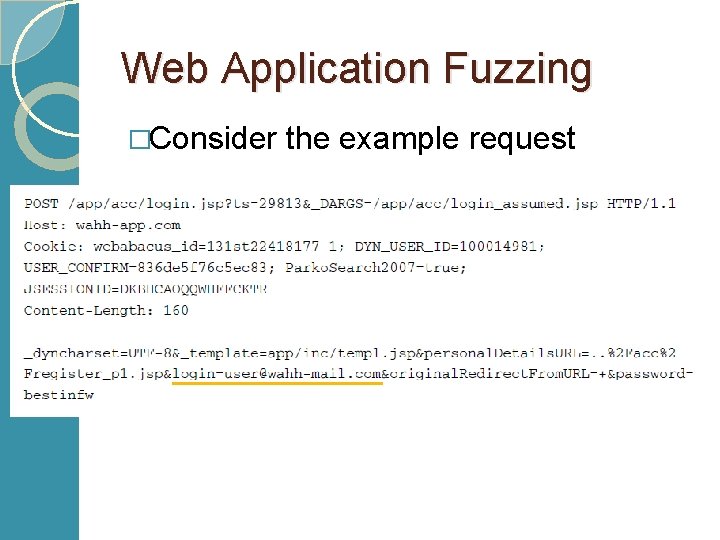 Web Application Fuzzing �Consider the example request 