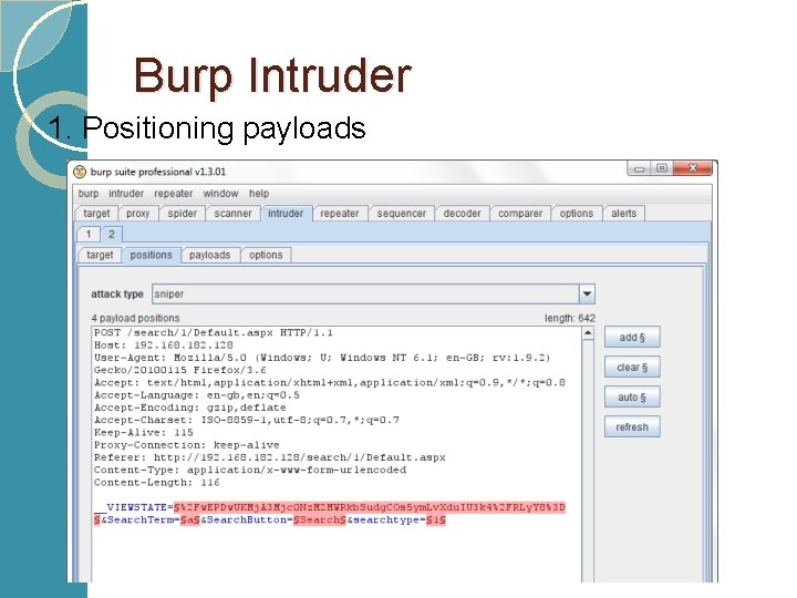Burp Intruder 1. Positioning payloads 