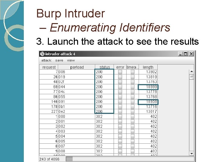 Burp Intruder – Enumerating Identifiers 3. Launch the attack to see the results 